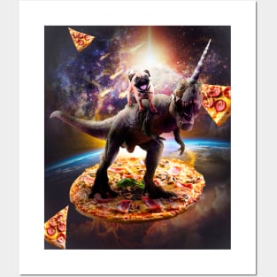 Outer Space Pug Riding Dinosaur Unicorn - Pizza Posters and Art